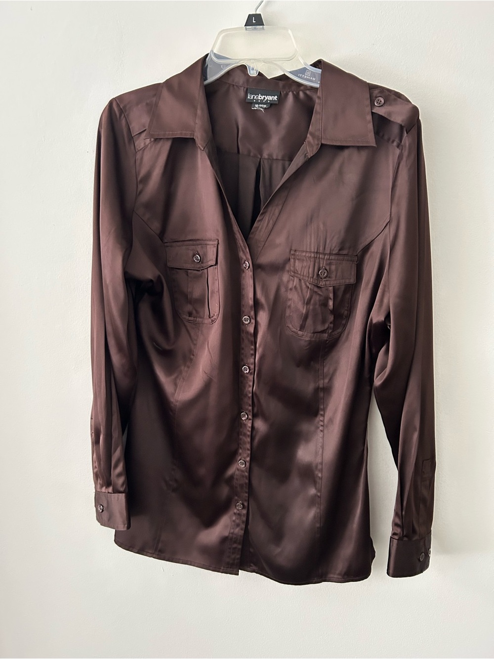 Lane Bryant brown satin button-up blouse